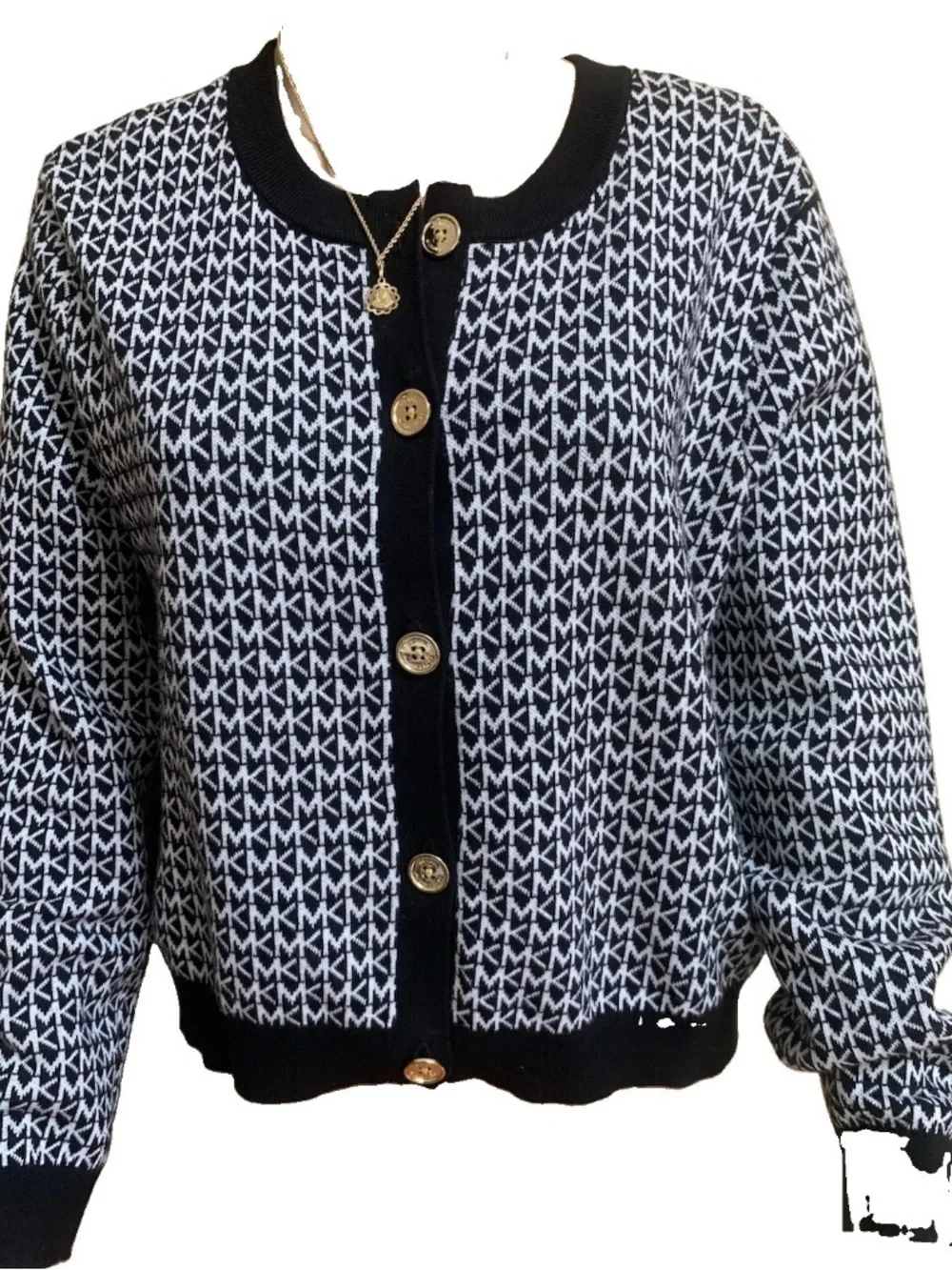 Michael Kors Black Trim & White Monogram Gold Buttons Knit Button-Up Cardigan XL